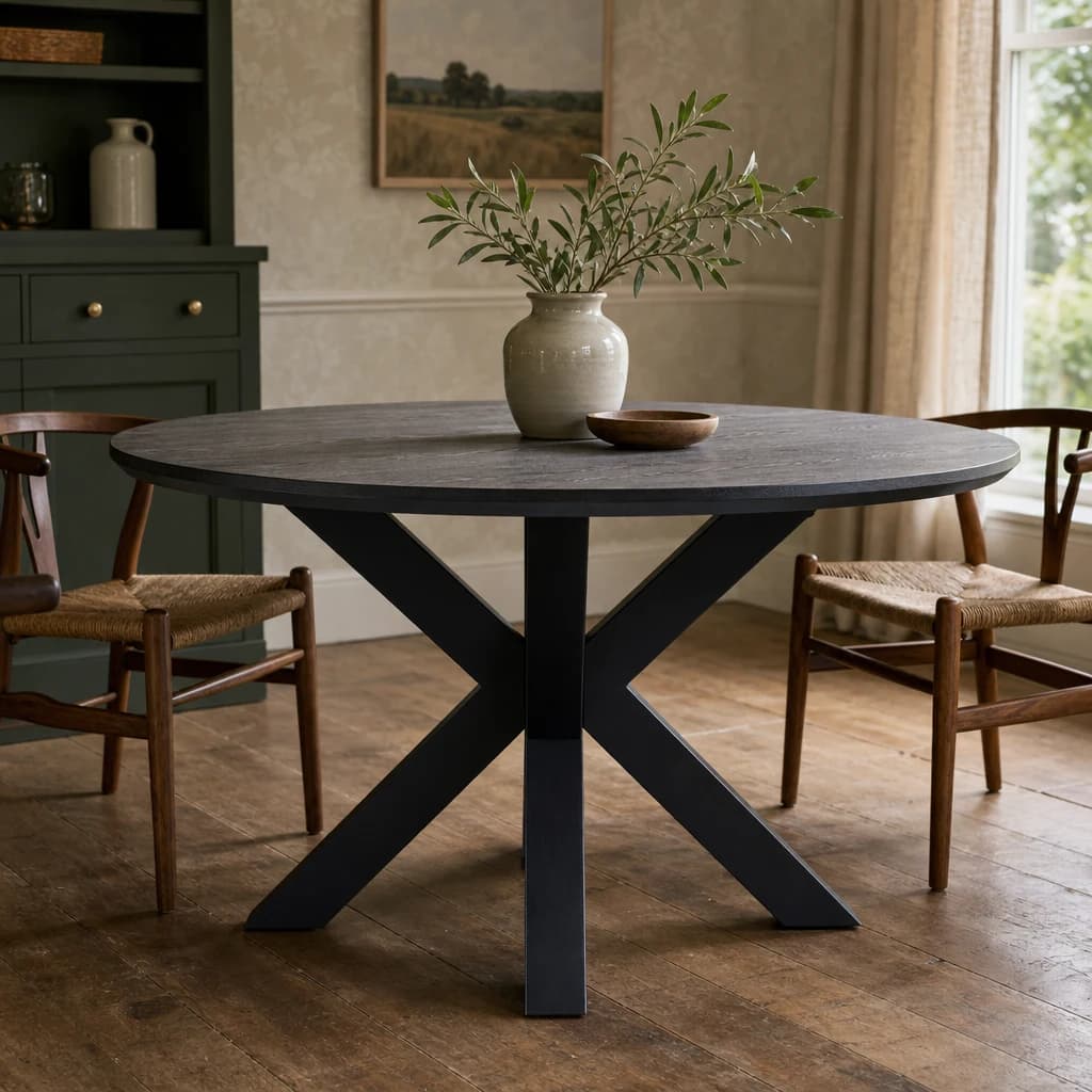 Salford Black Wood Veneer Round Dining Table With Metal Legs - Tables, photo 1 of 8