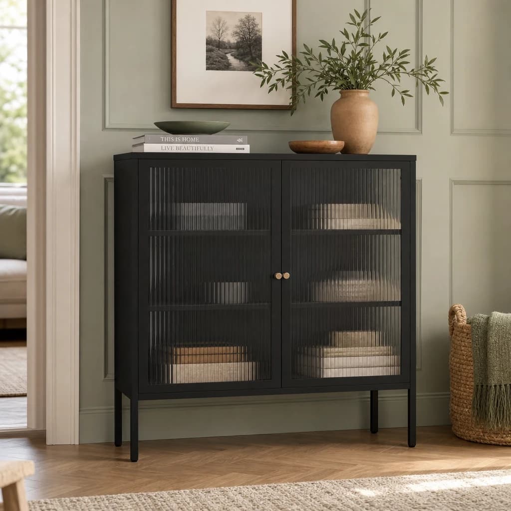 Addison Black Metal and Fluted Glass Door Cabinet - Bookcases & shelving, photo 1 of 2