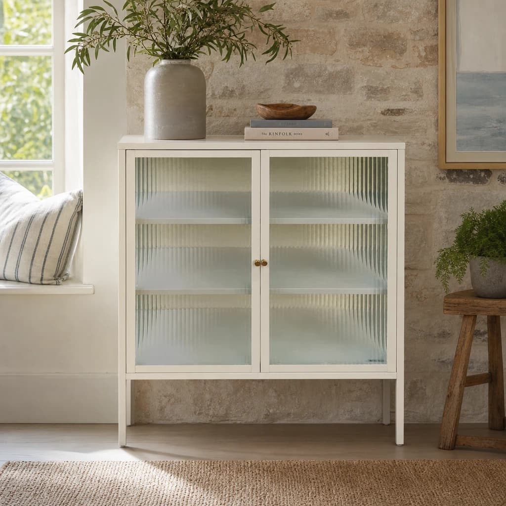 Addison Warm White Metal and Fluted Glass Door Cabinet - Bookcases & shelving, photo 1 of 2
