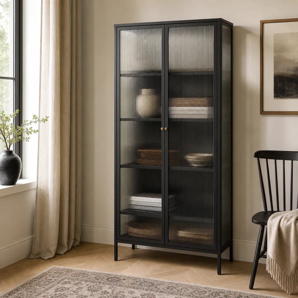 Addison Black Metal and Fluted Glass Door Tall Cabinet - Bookcases & shelving, photo 1 of 2