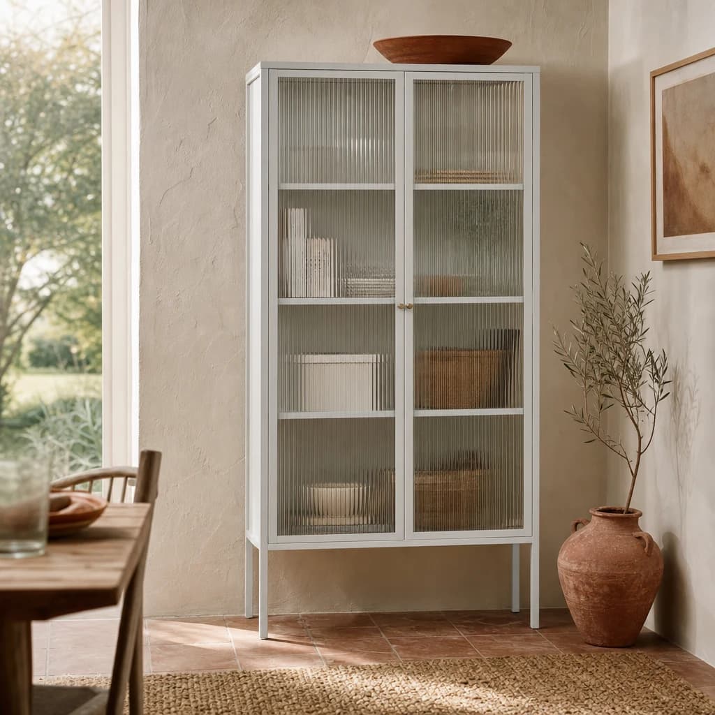 Addison Warm White Metal Fluted Glass Door Tall Cabinet - Bookcases & shelving, photo 1 of 2