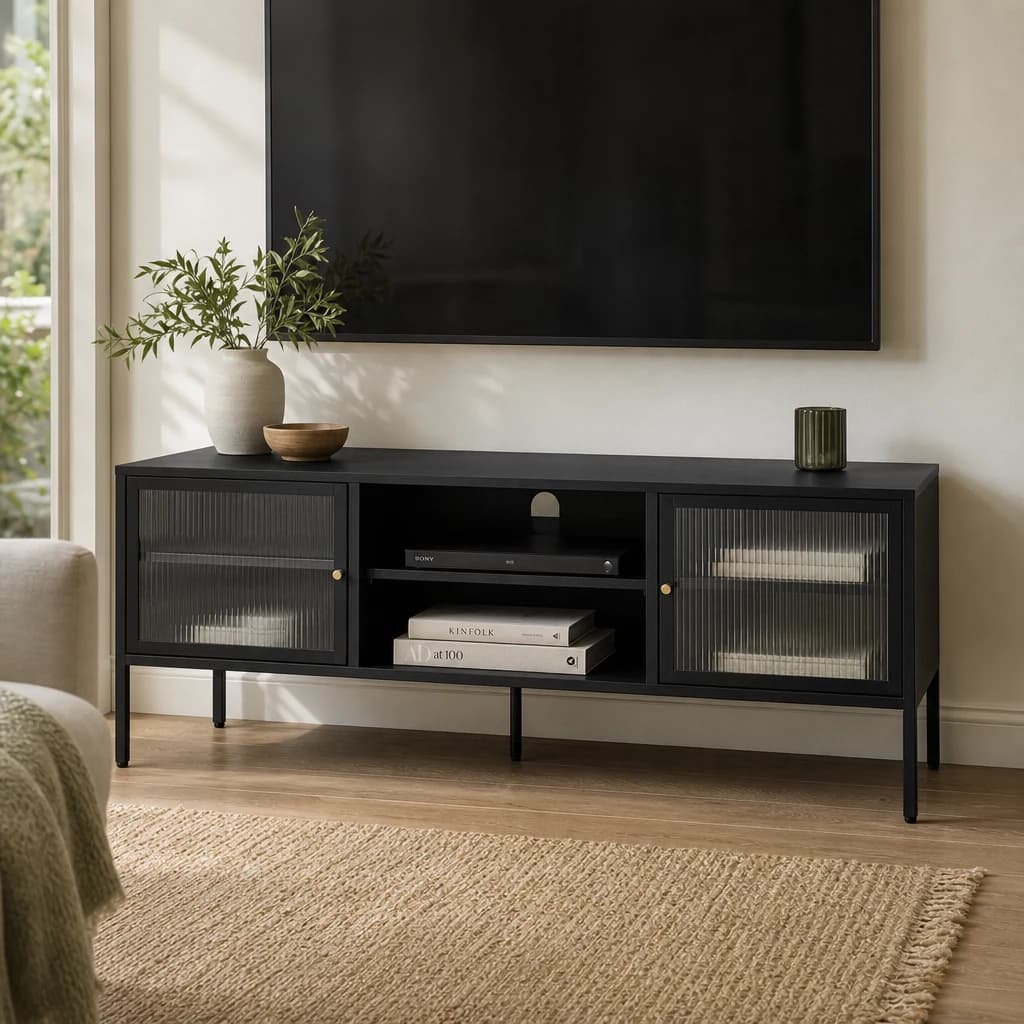 Addison Black Metal and Fluted Glass Door Media Unit - Bookcases & shelving, photo 1 of 2