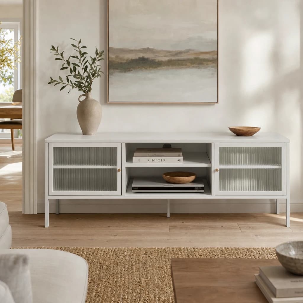 Addison Warm White Metal Fluted Glass Door Media Unit - Bookcases & shelving, photo 1 of 2