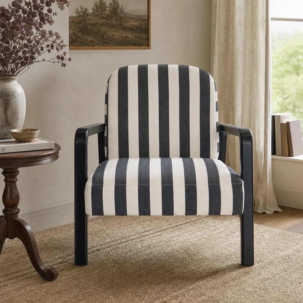 Parnay Black and White Stripe Armchair with Wooden Frame - Seating, photo 1 of 4