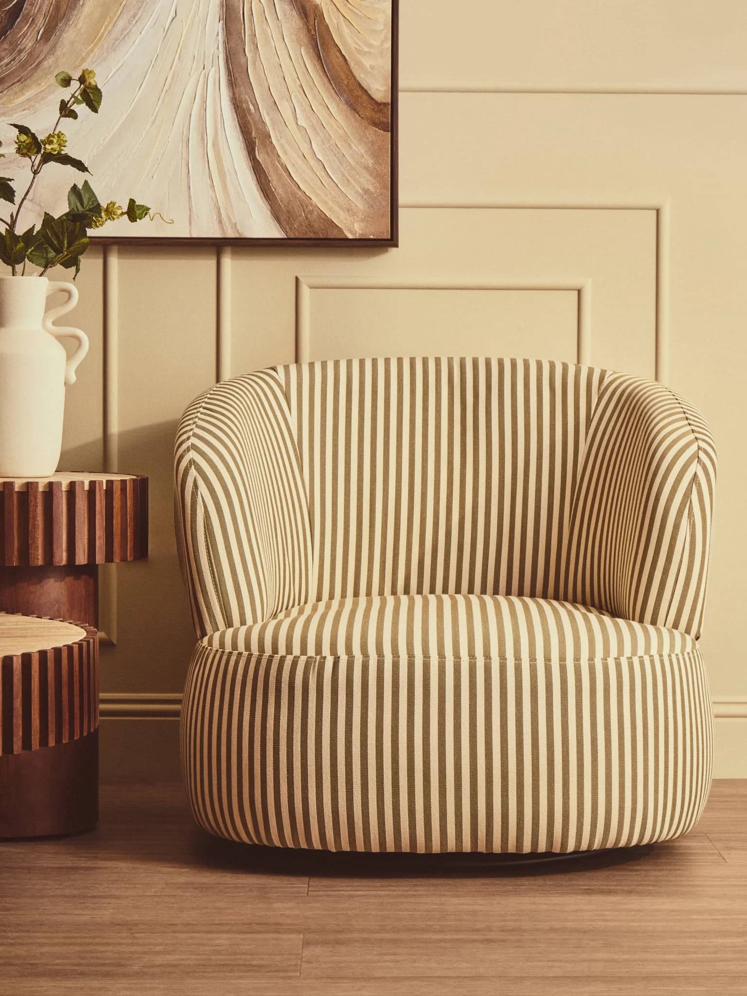 Parsac Olive Green and White Stripe Swivel Lounge Chair - Seating, photo 8 of 8