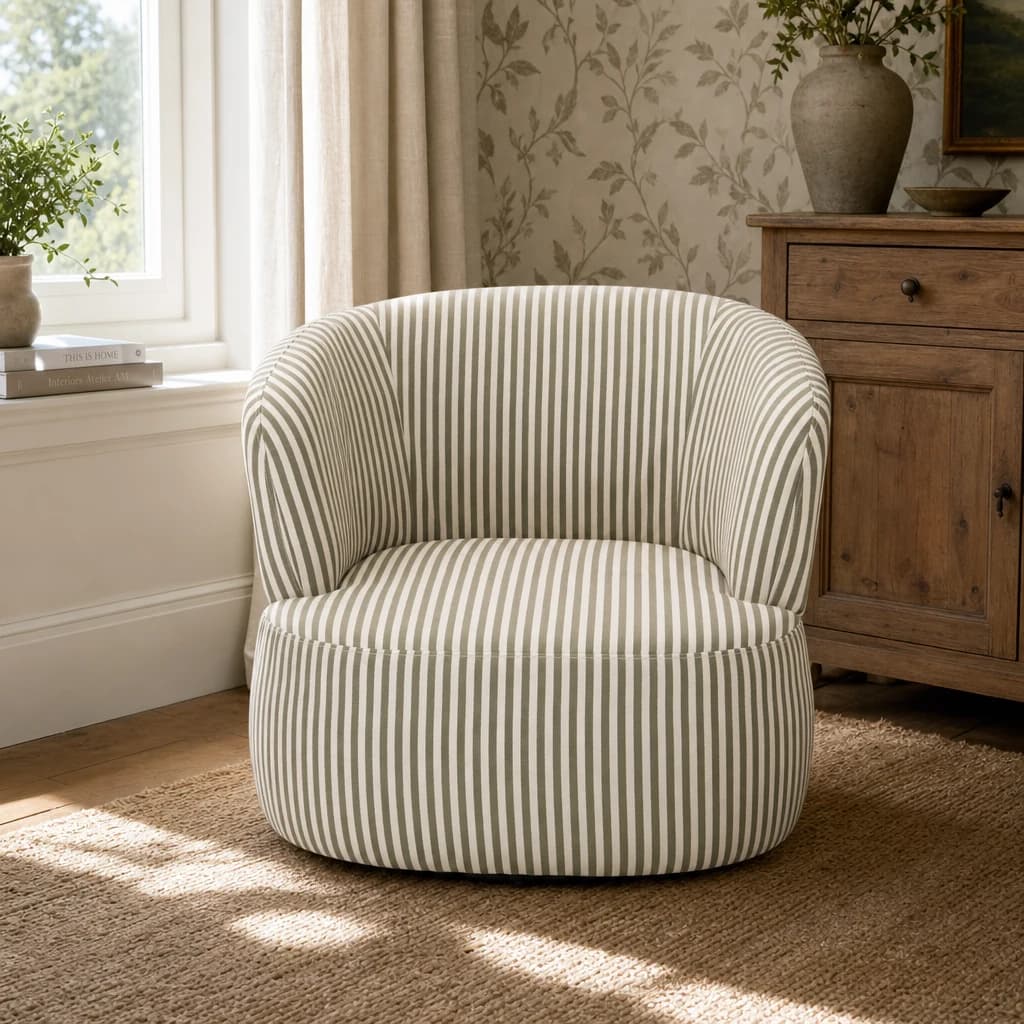 Parsac Olive Green and White Stripe Swivel Lounge Chair - Seating, photo 1 of 8