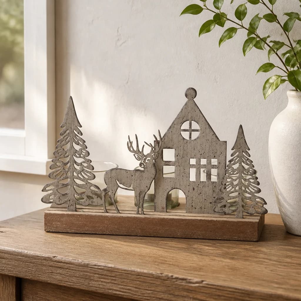Rustic Metal Scene Tealight On Wood Stand With Glass Votives - Candles, photo 1 of 3