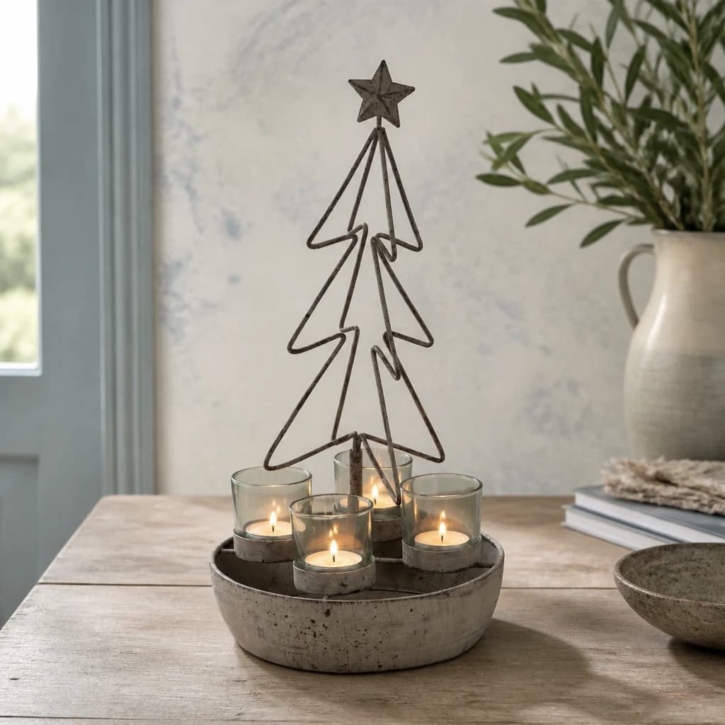Rustic Outline Tree And Star With Four Glass Votives - Sculptures & ornaments, photo 1 of 4