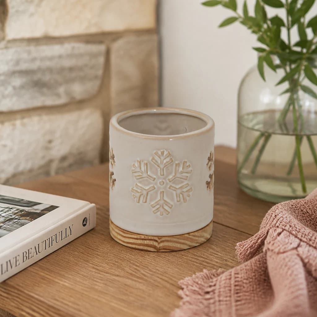 Alora Ceramic Snowflake Candle Holder On Wood Base - Candles, photo 1 of 5