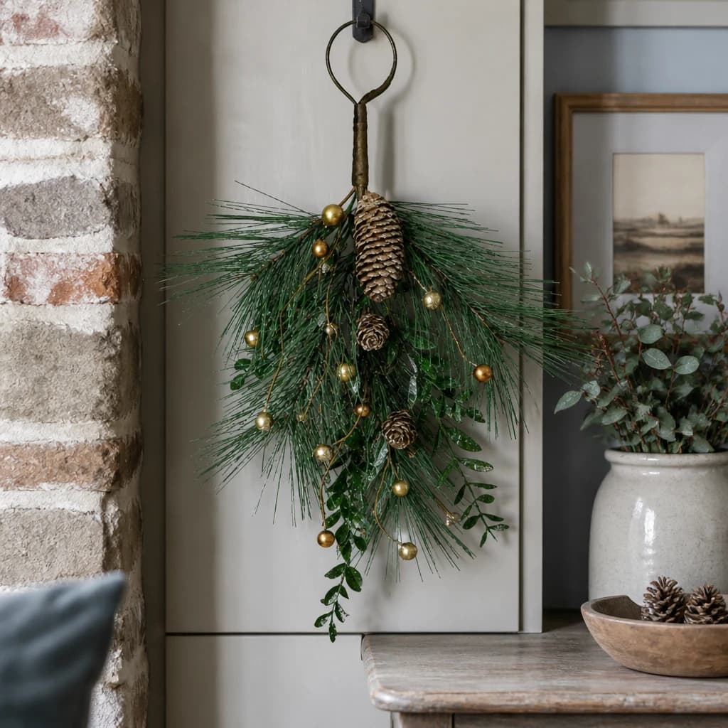 Christmas Soft Gold Teardrop Swag With Pinecones - Sculptures & ornaments