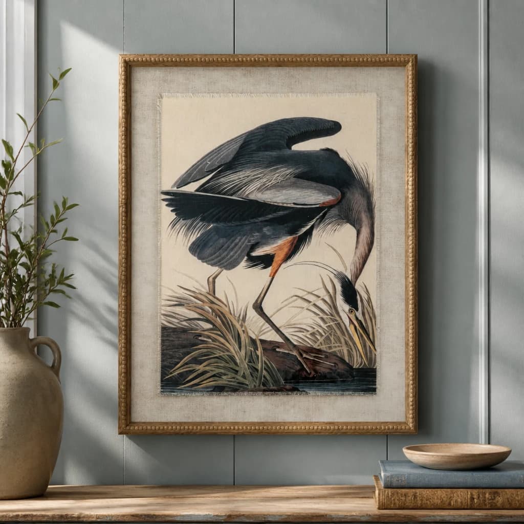 Flora & Fauna Collection Heron On Linen In Beaded Frame