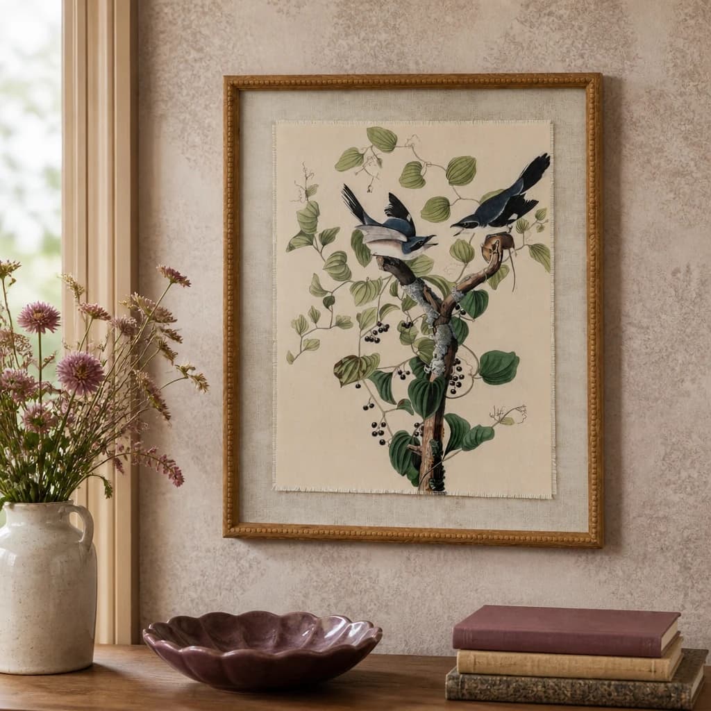 Flora & Fauna Collection Shrikes On Linen In Beaded Frame - Wall art & frames, photo 1 of 4