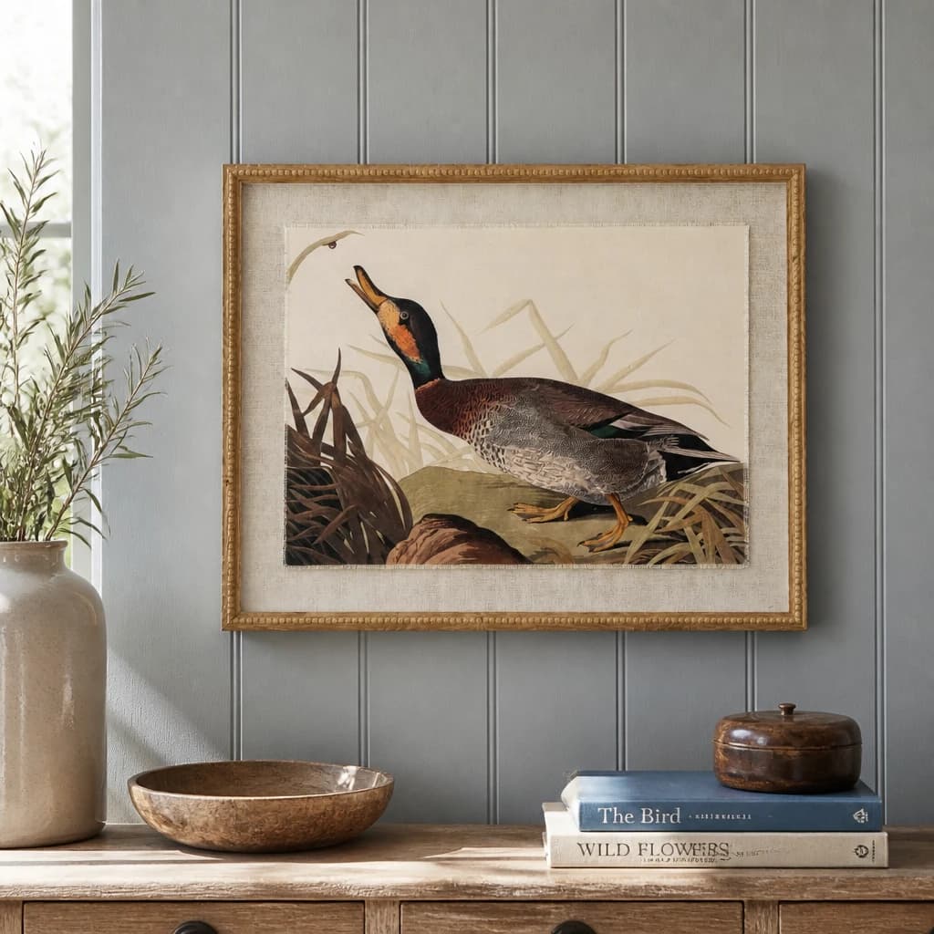 Flora & Fauna Collection Duck On Linen In Beaded Frame