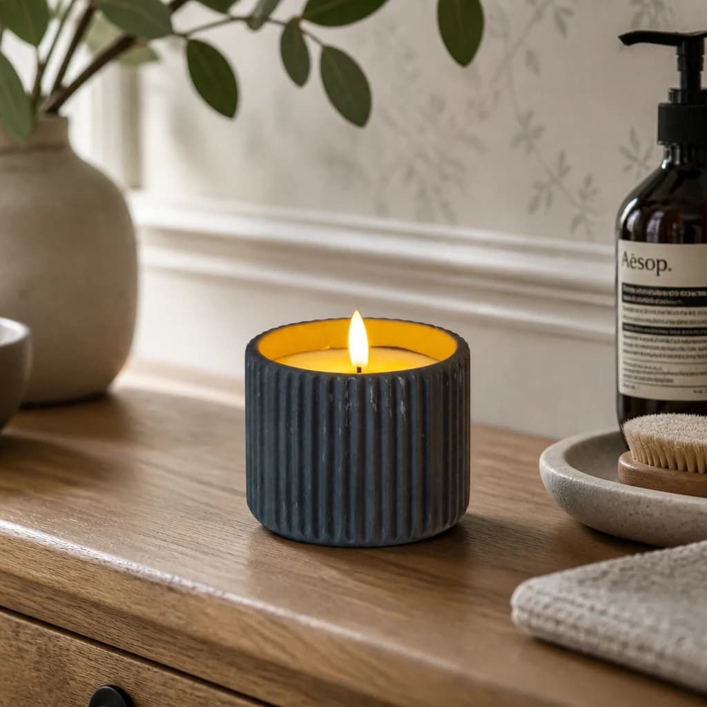 Luxe Collection Natural Glow Grey Ribbed Medium Led Candle - Candles, photo 1 of 6