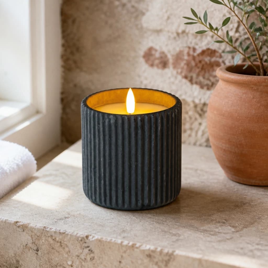 Luxe Collection Natural Glow Grey Ribbed Large Led Candle - Candles, photo 1 of 6