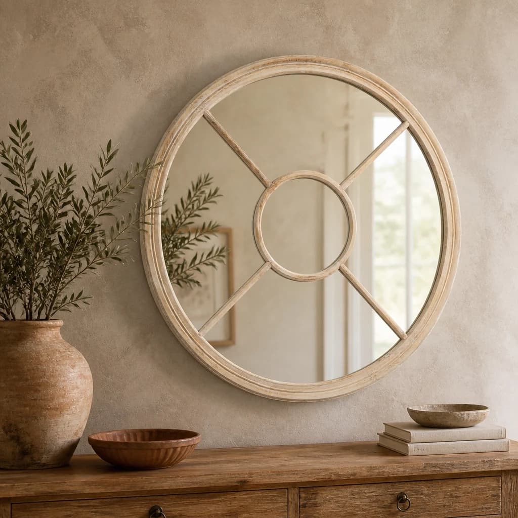 Washed Wood Round Window Mirror - Mirrors, photo 1 of 4