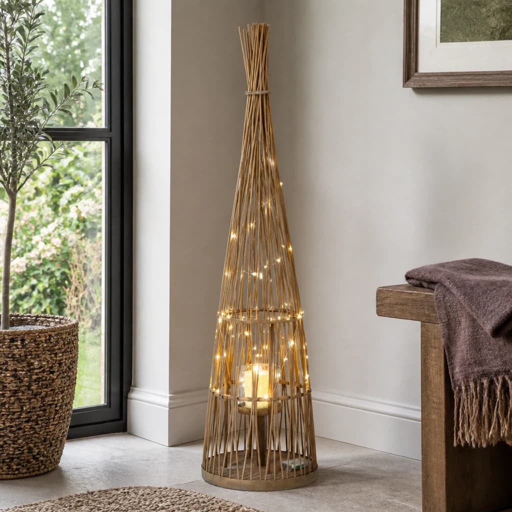 Large Conical Wicker Lantern With Glass Holder & LED Lights