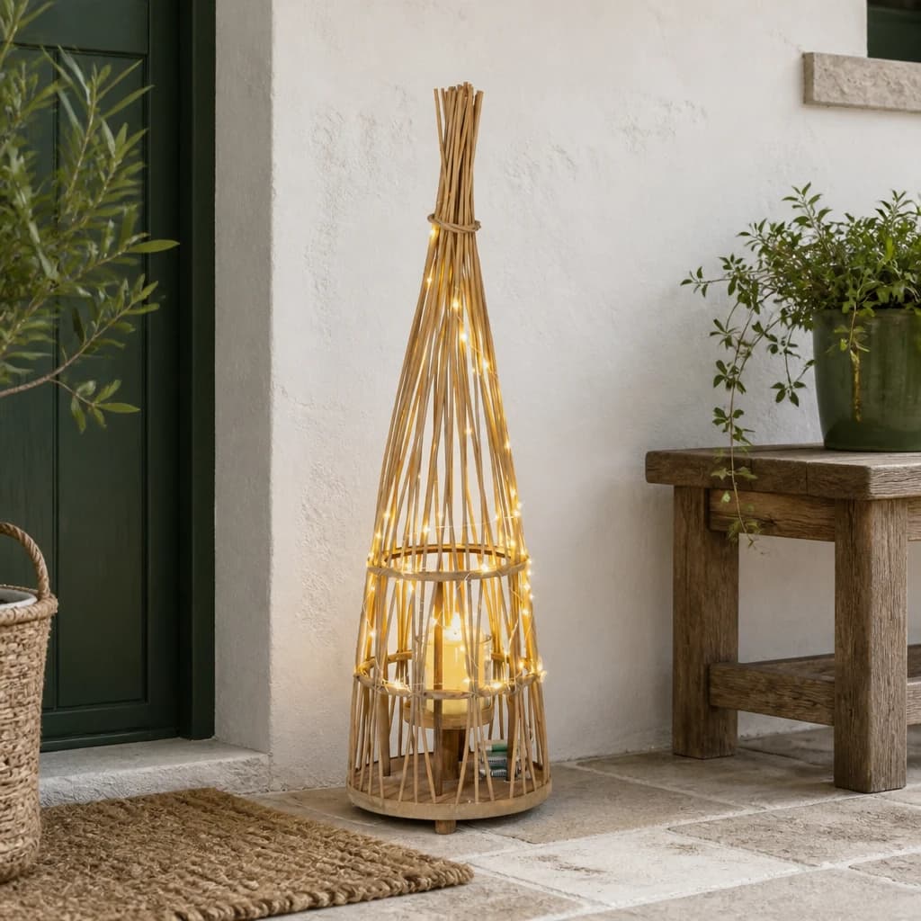 Medium Conical Wicker Lantern With Glass Holder & LED Lights - Lanterns, photo 1 of 6