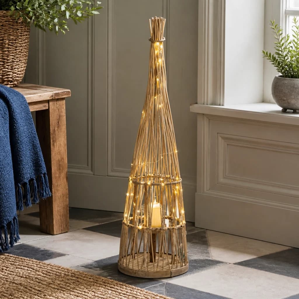 Small Conical Wicker Lantern With Glass Holder & LED Lights - Lanterns, photo 1 of 6
