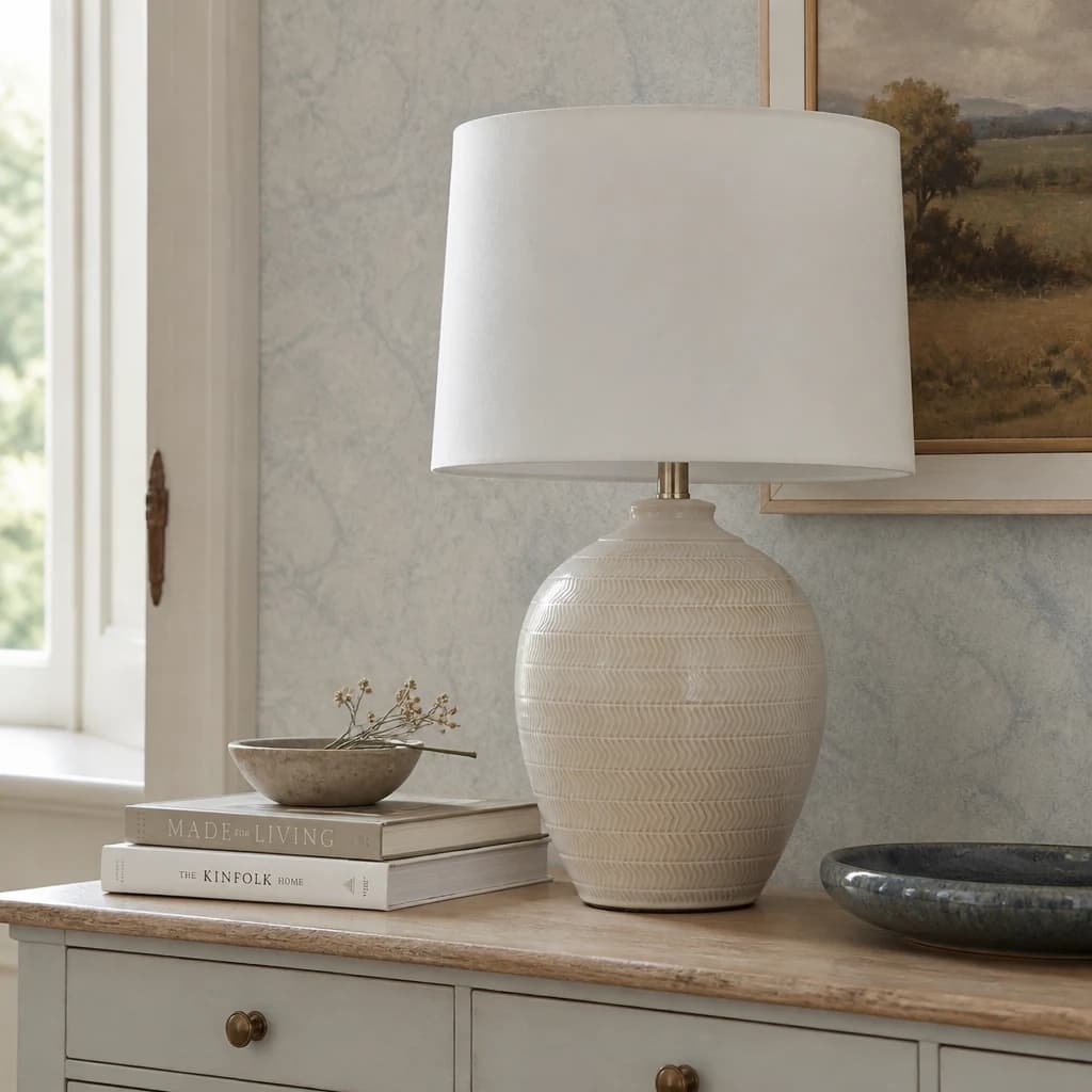 Chevronne Ceramic Table Lamp With Linen Shade - Table lamps, photo 1 of 4
