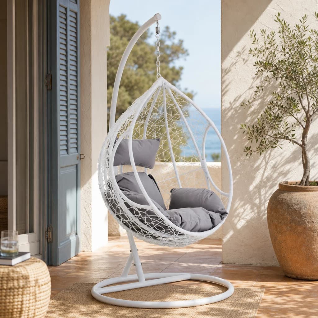 Goa White Rattan Effect Hanging Chair with Grey Cushions - Seating, photo 1 of 8