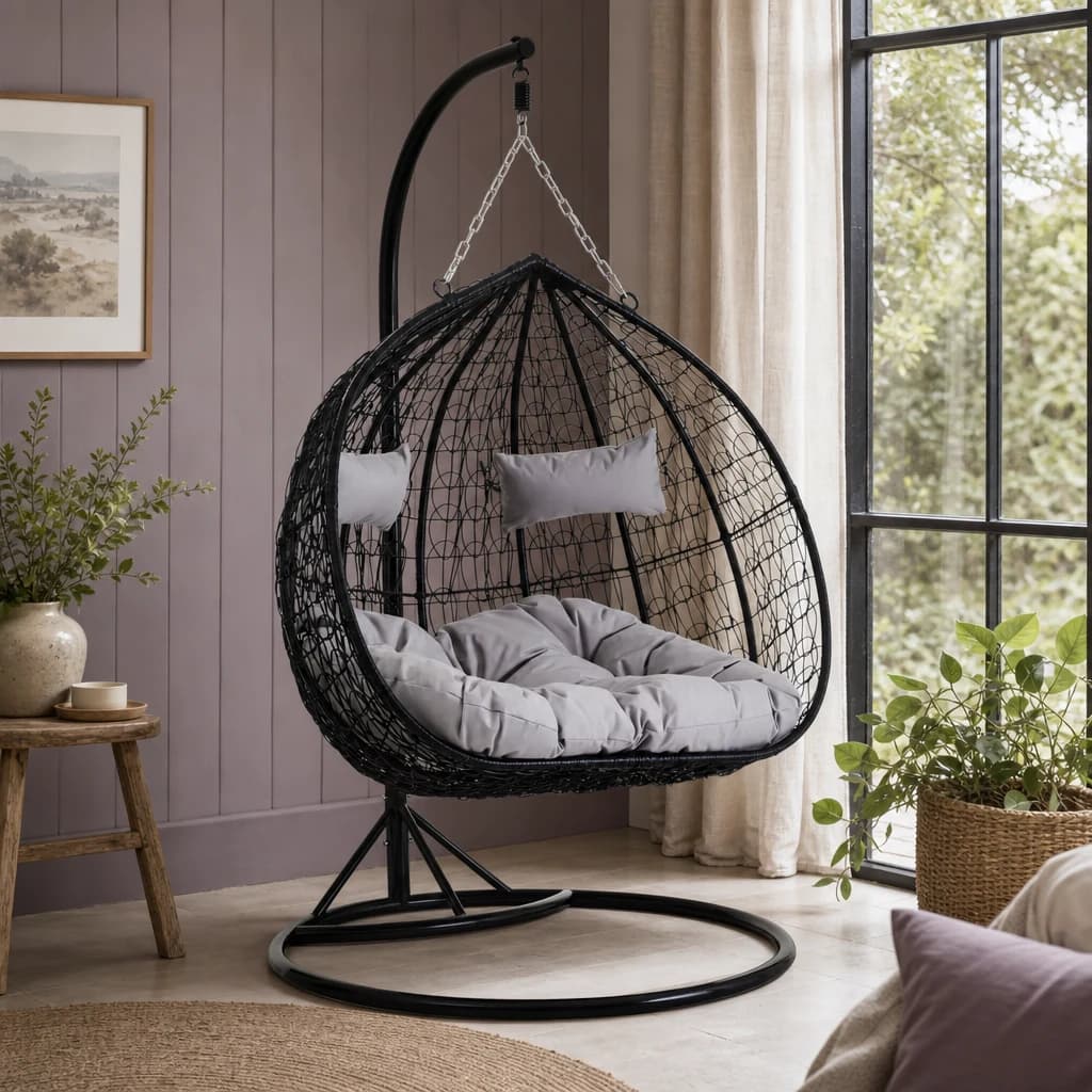 Goa Black Rattan Effect Double Hanging Chair With Grey Cushions - Seating, photo 1 of 8