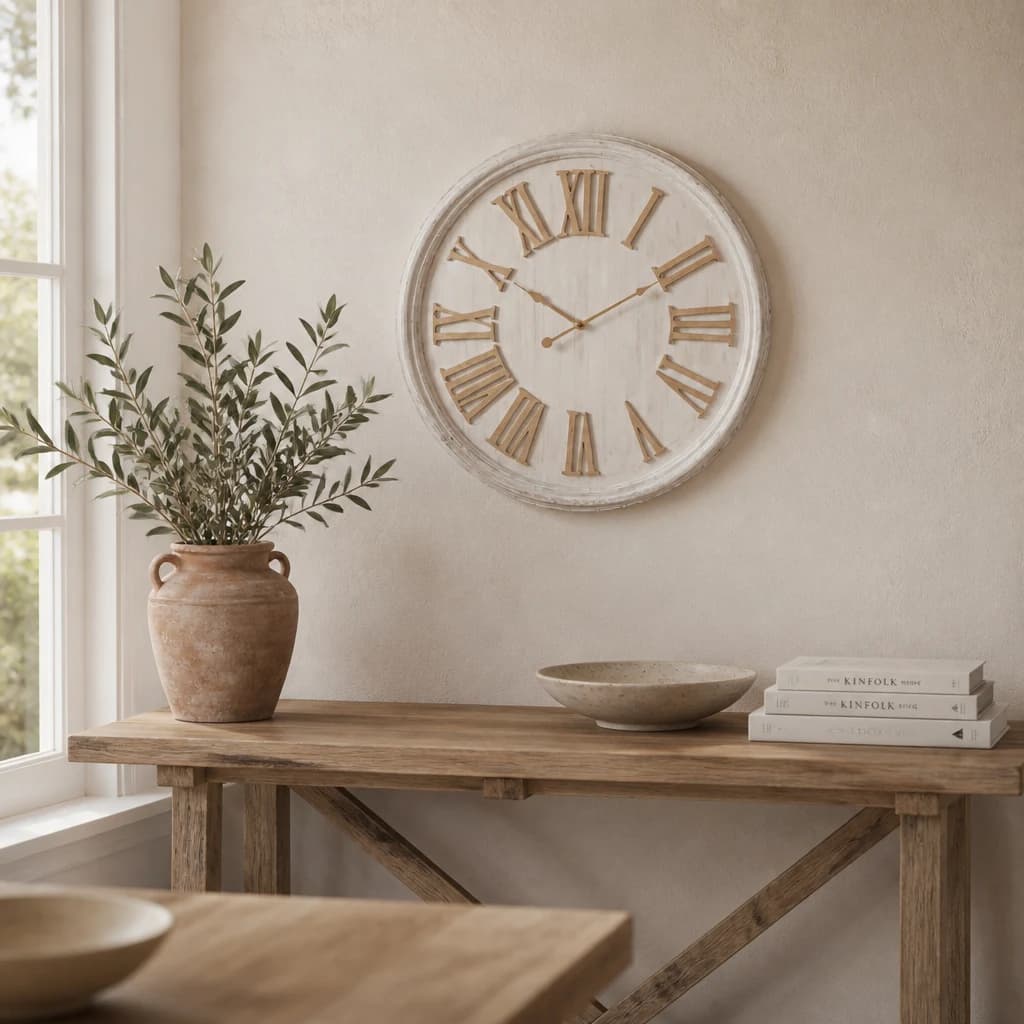 White Wash Clock With Wooden Numerals