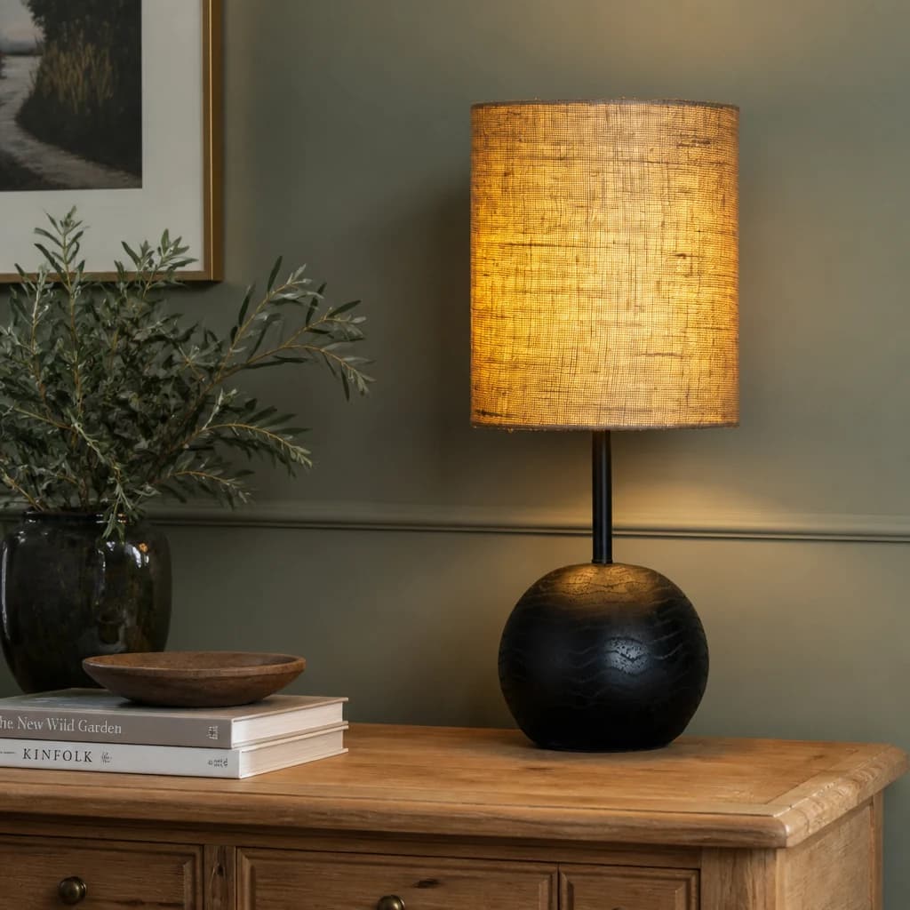 Black Cannon Table Lamp With Hessian Shade - Table lamps, photo 1 of 5