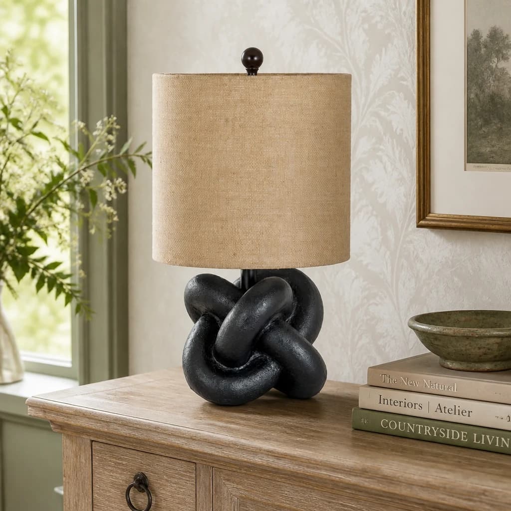 Black Knot Table Lamp With Hessian Shade - Table lamps, photo 1 of 5
