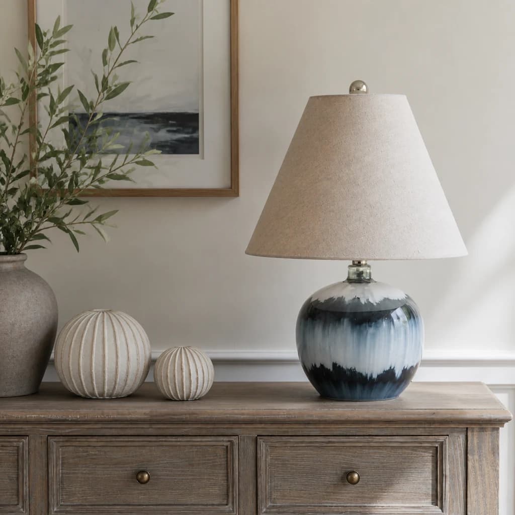 Ocean Shadows Squat Table Lamp With Linen Shade - Table lamps, photo 1 of 6