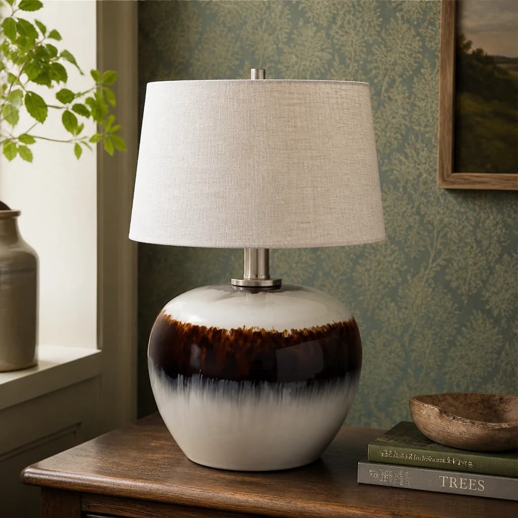 Sepia Shadows Squat Table Lamp With Linen Shade