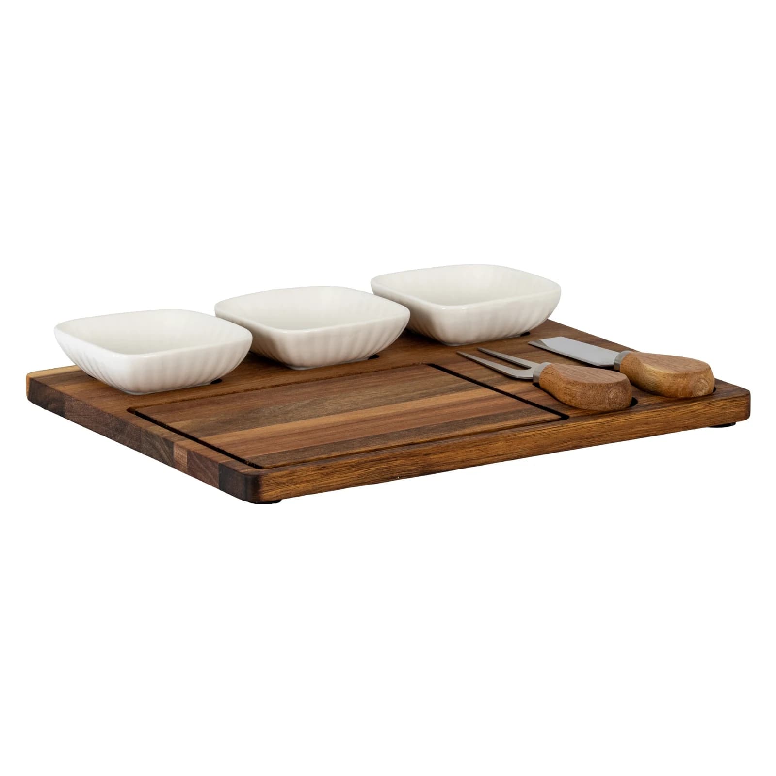 Acacia Cheese Board Set With White Ceramic Bowls And Cutlery - Trays & baskets, photo 5 of 6