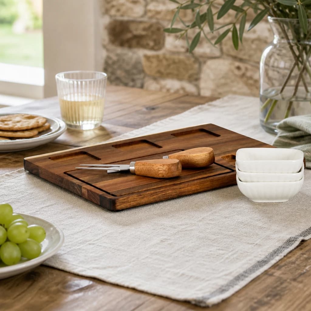 Acacia Cheese Board Set With White Ceramic Bowls And Cutlery - Trays & baskets, photo 1 of 6