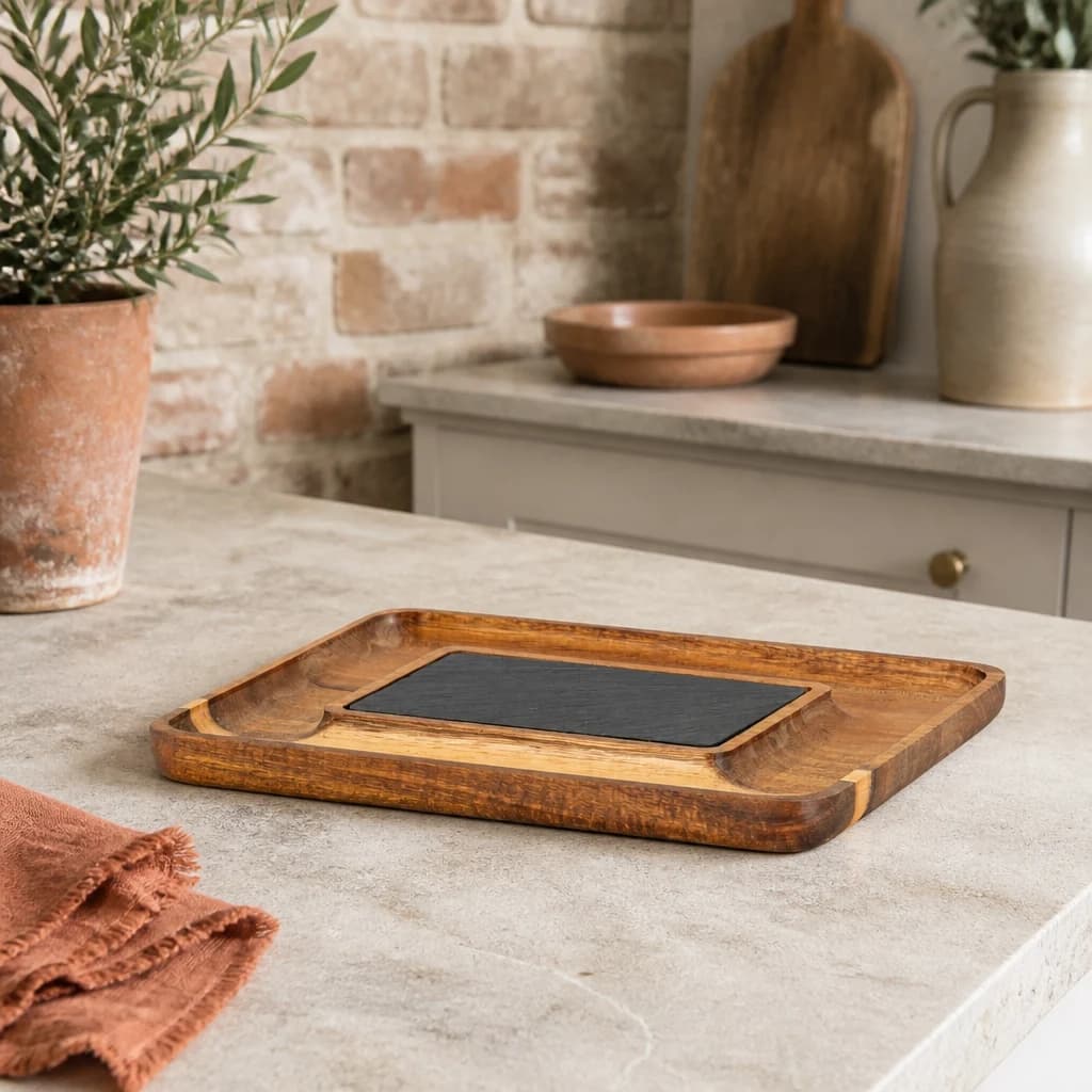 Acacia Serving Tray with Slate - Trays & baskets, photo 1 of 6