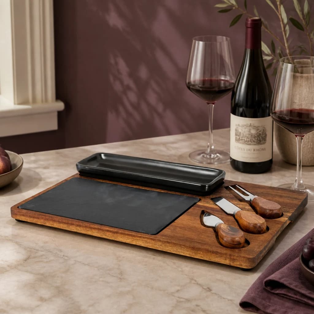 Acacia Cheese Board Set With Black Bowl, Slate and Cutlery - Trays & baskets, photo 1 of 5