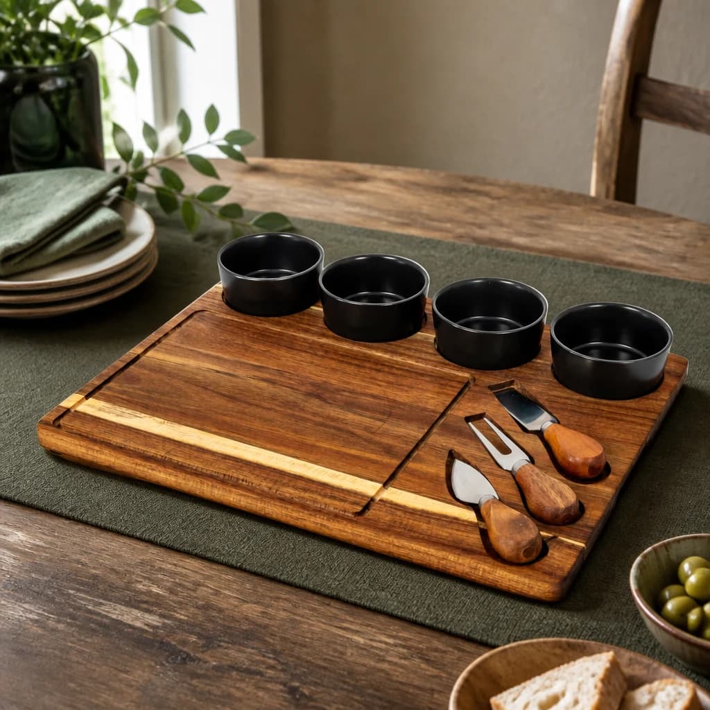 Acacia Cheese Board Set With Grey Ceramic Bowls and Cutlery