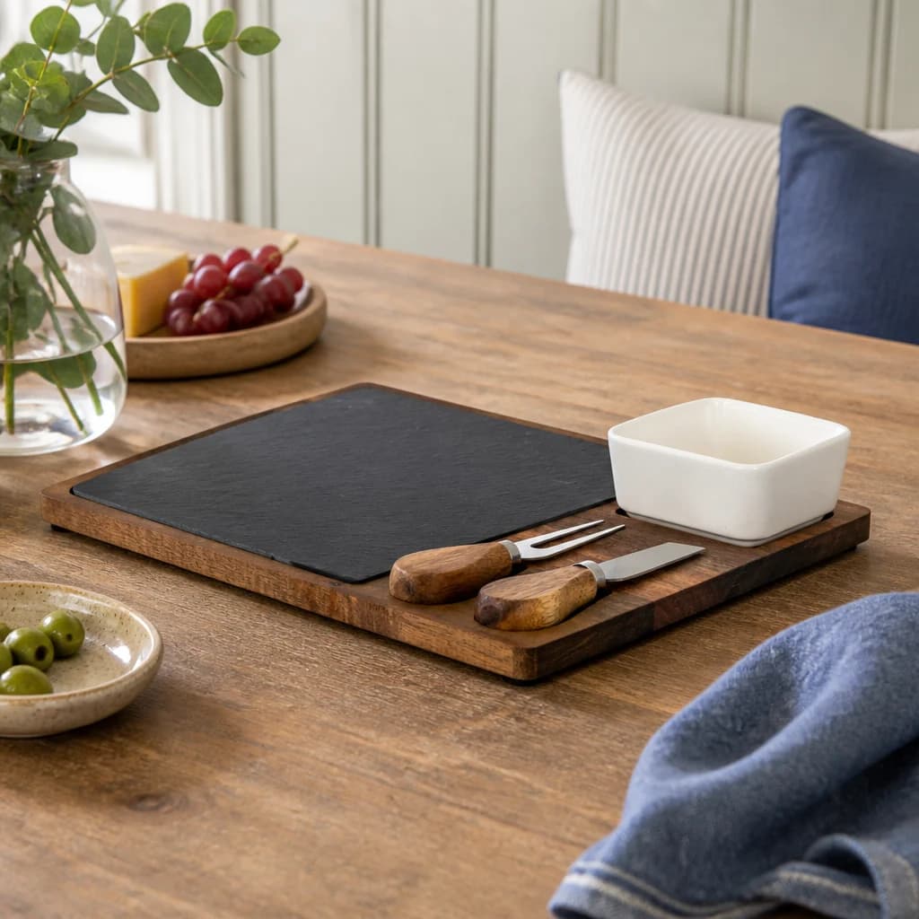 Acacia Cheese Board Set With White Bowl, Slate and Cutlery - Trays & baskets, photo 1 of 6