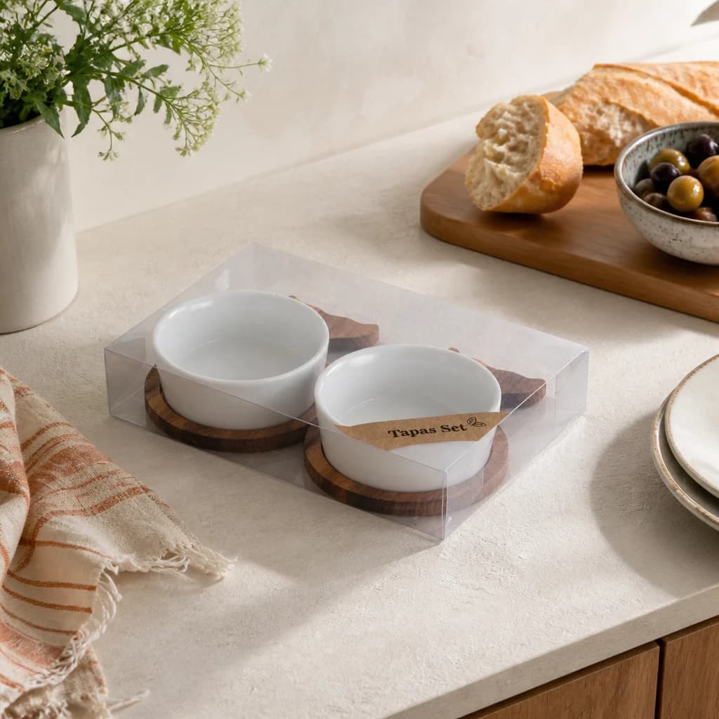 Set Of 2 Acacia Fishtail Serving Trays with Ceramic Bowls - Tables, photo 1 of 5