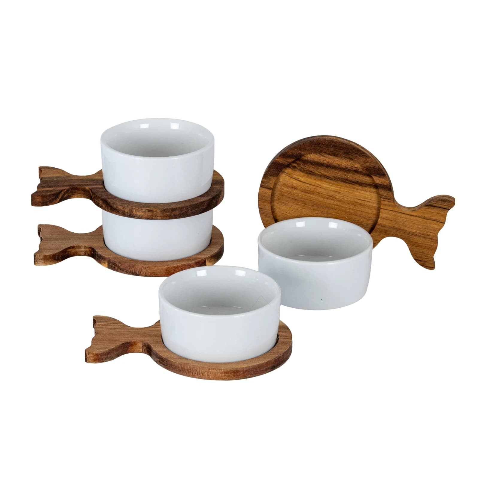 Set Of 4 Acacia Fishtail Serving Trays with Ceramic Bowls - Console tables, photo 2 of 6