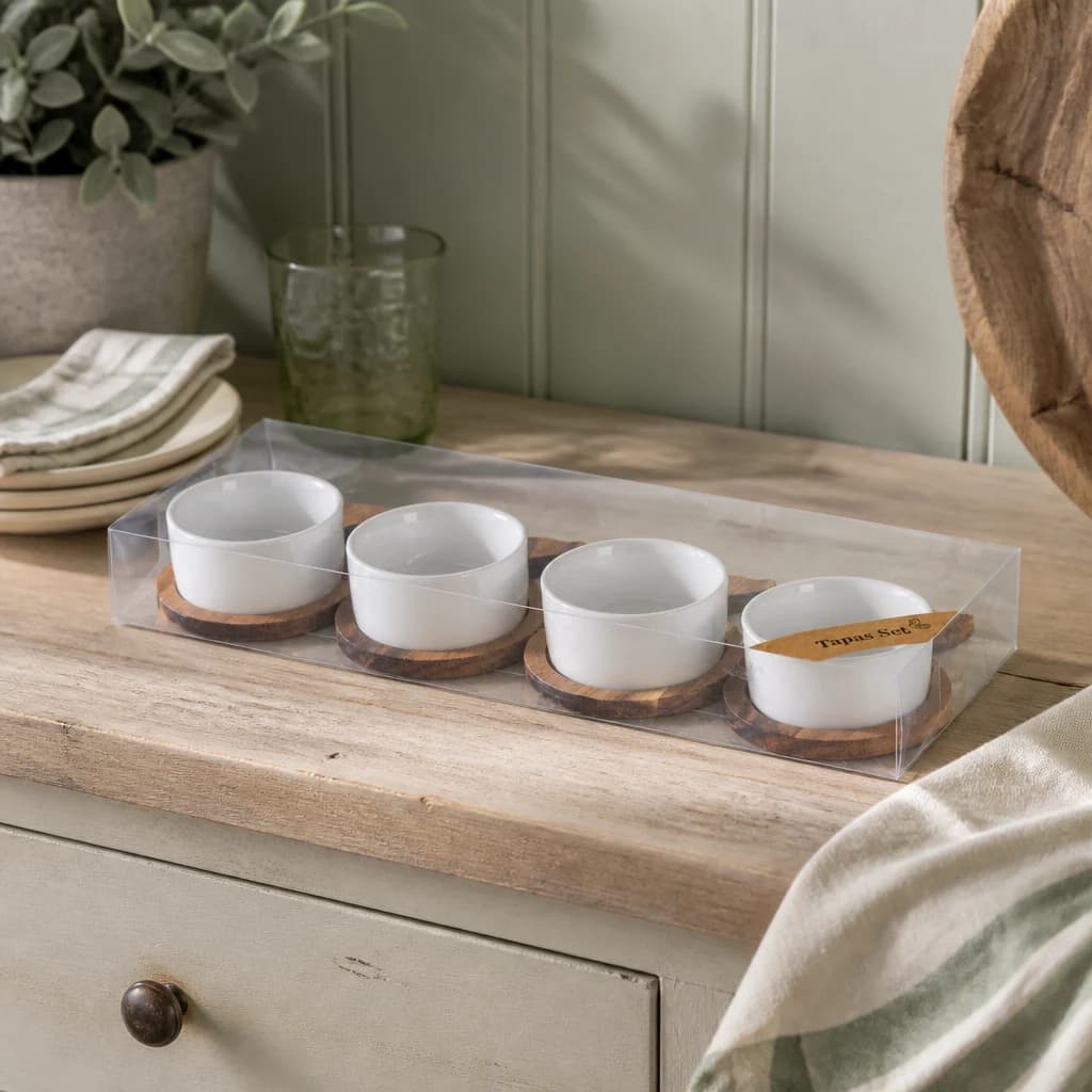 Set Of 4 Acacia Fishtail Serving Trays with Ceramic Bowls - Console tables, photo 1 of 6