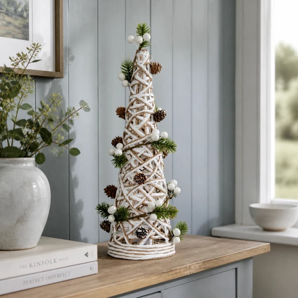 Large LED White Rattan Cone Tree With Winter Branches - Sculptures & ornaments, photo 1 of 4