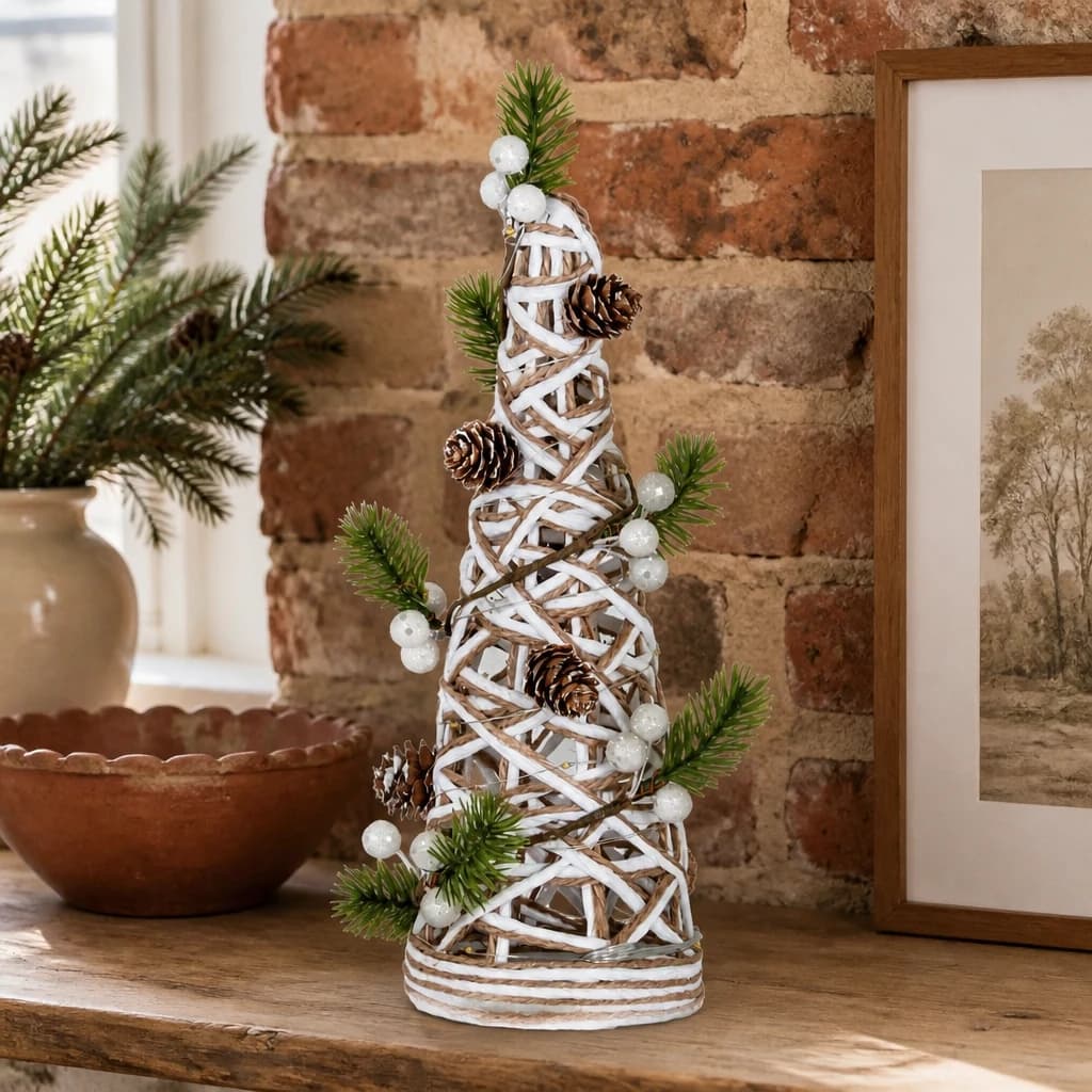 Small LED White Rattan Cone Tree With Winter Branches - Table lamps, photo 1 of 4
