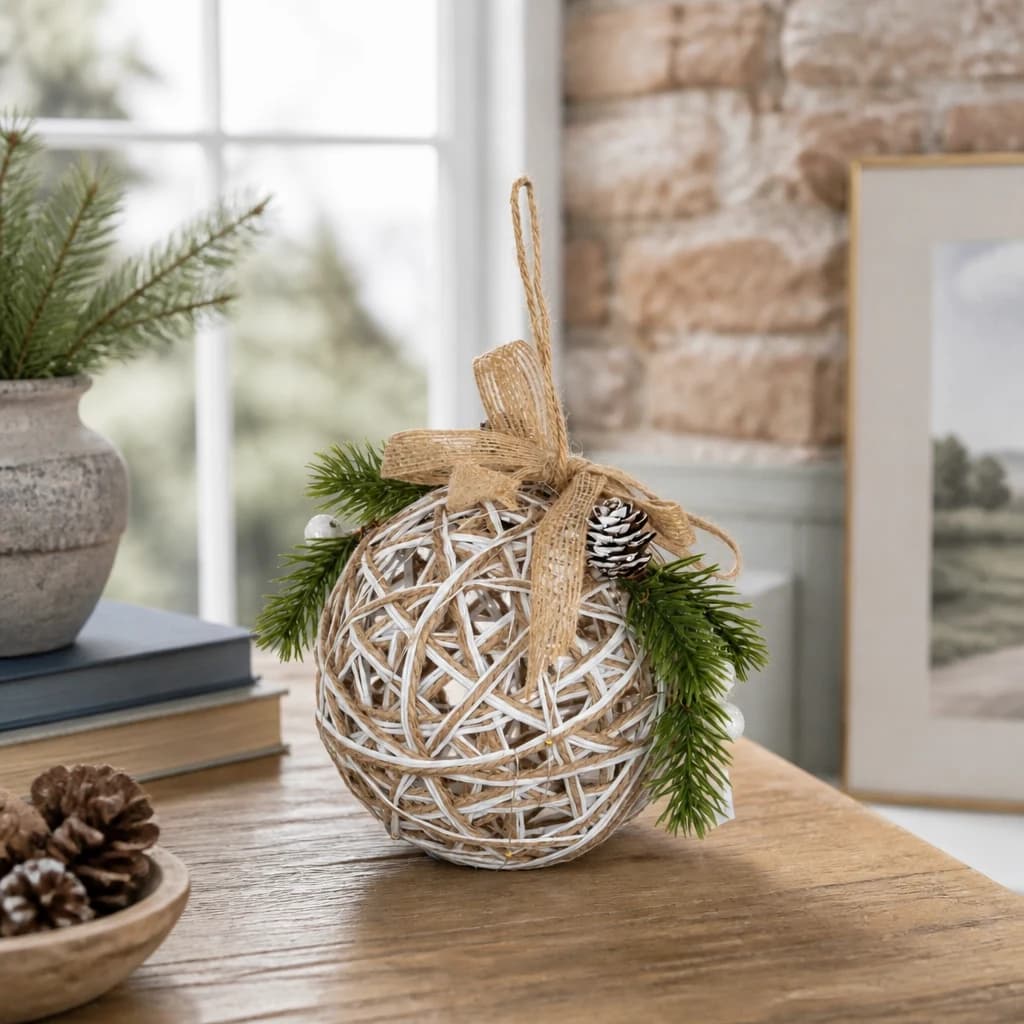 Small LED White Rattan Bauble With Branches And Ribbon - Sculptures & ornaments, photo 1 of 4