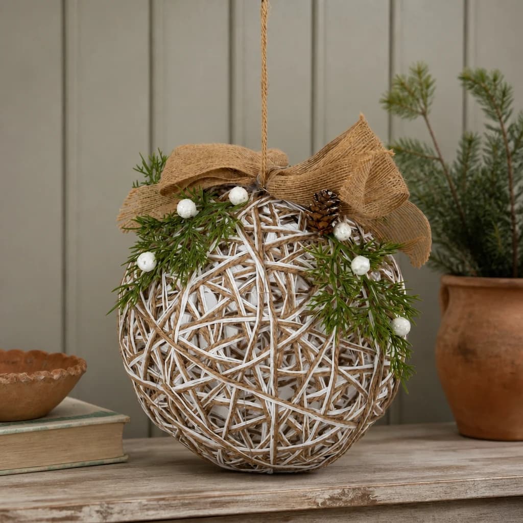 Large LED White Rattan Bauble With Branches And Ribbon - Sculptures & ornaments, photo 1 of 4