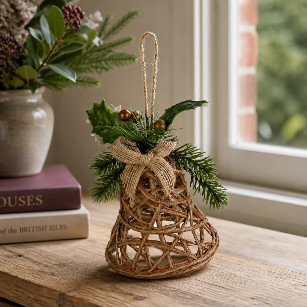 Natural Rattan Bell Decoration With Branches And Ribbon - Artificial plants & flowers, photo 1 of 3
