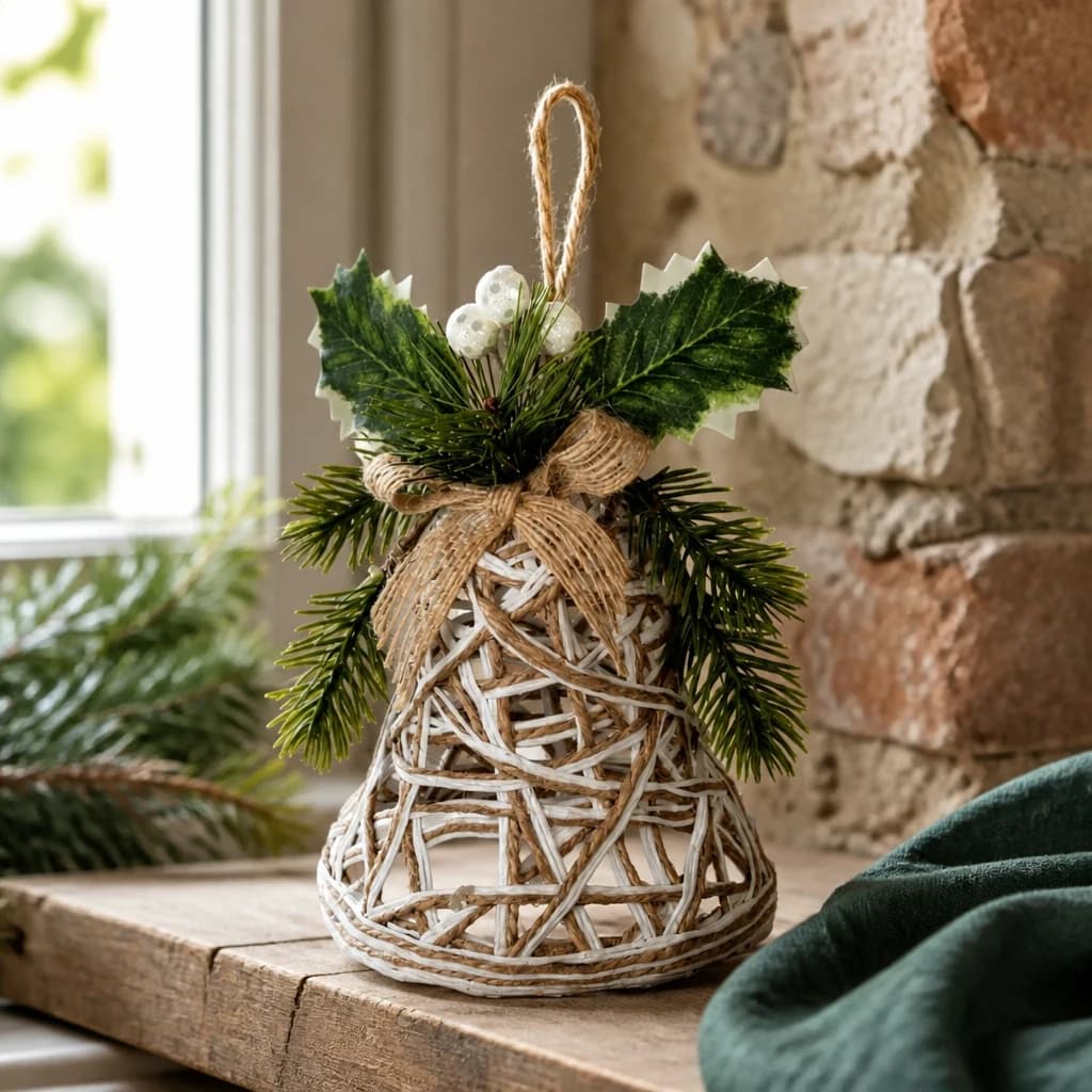 White Rattan Bell Decoration With Branches And Ribbon - Sculptures & ornaments, photo 1 of 3
