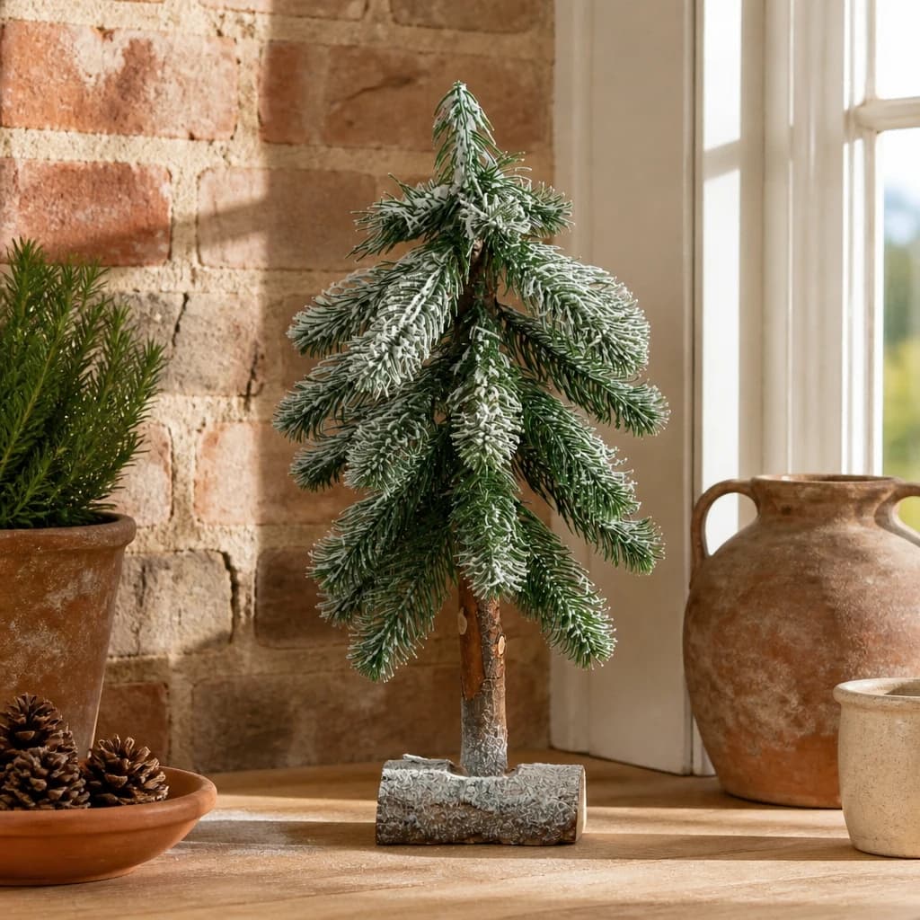 Small Snowy Pine Tree On Wooden Stand - Artificial plants & flowers, photo 1 of 3
