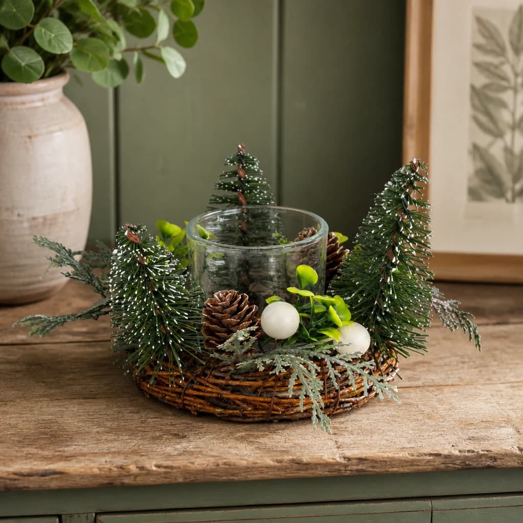 Small Brush Tree Candle Wreath With Berries And Pinecones - Candles, photo 1 of 3