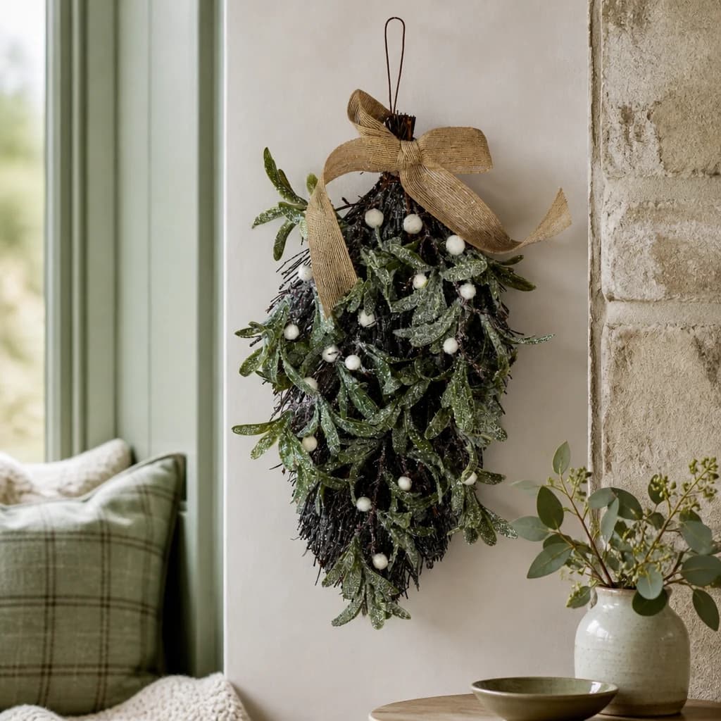 Frosted Mistletoe And Pine Swag With Ribbon - Artificial plants & flowers, photo 1 of 2