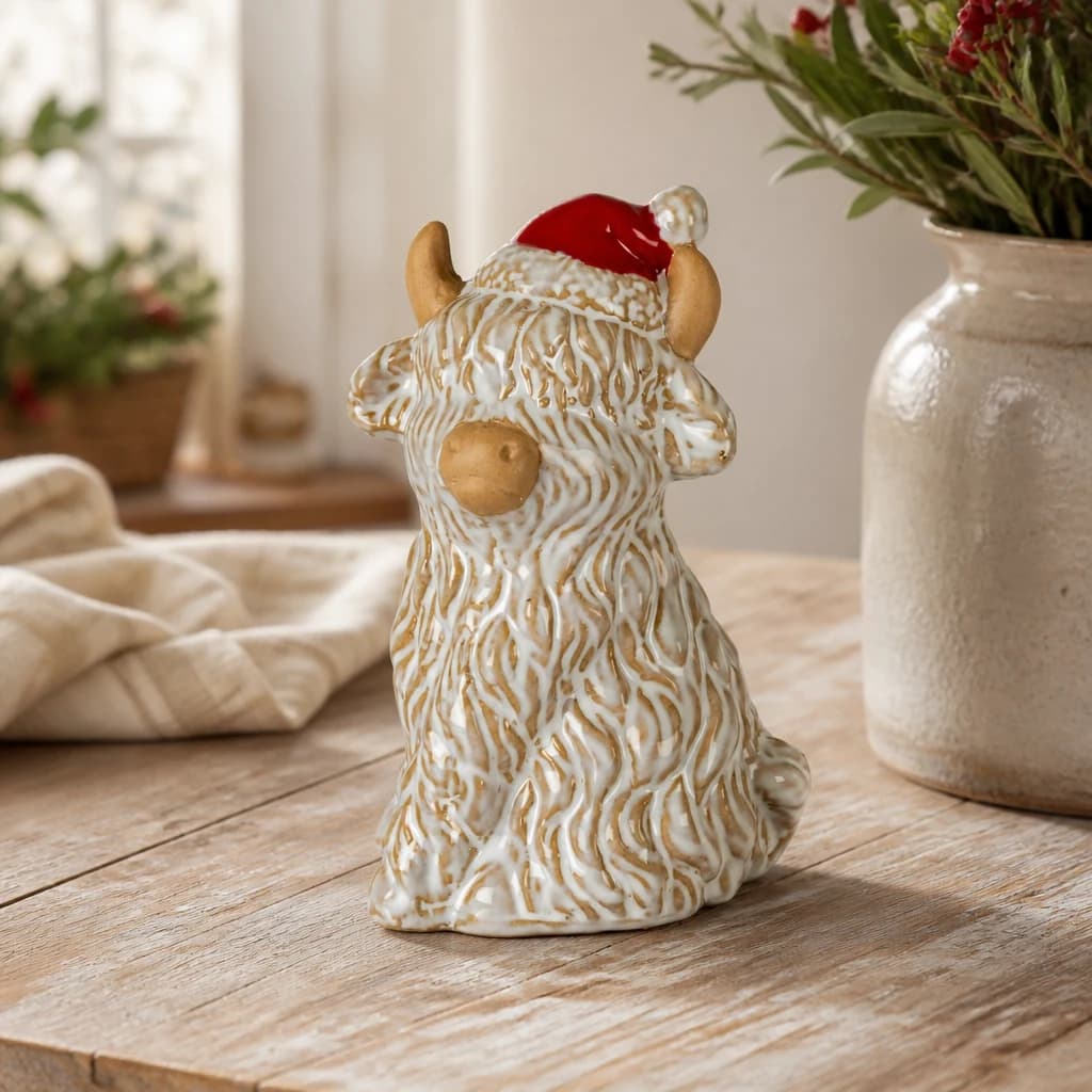 Merry Moo Ceramic Cow Ornament Gazing Left